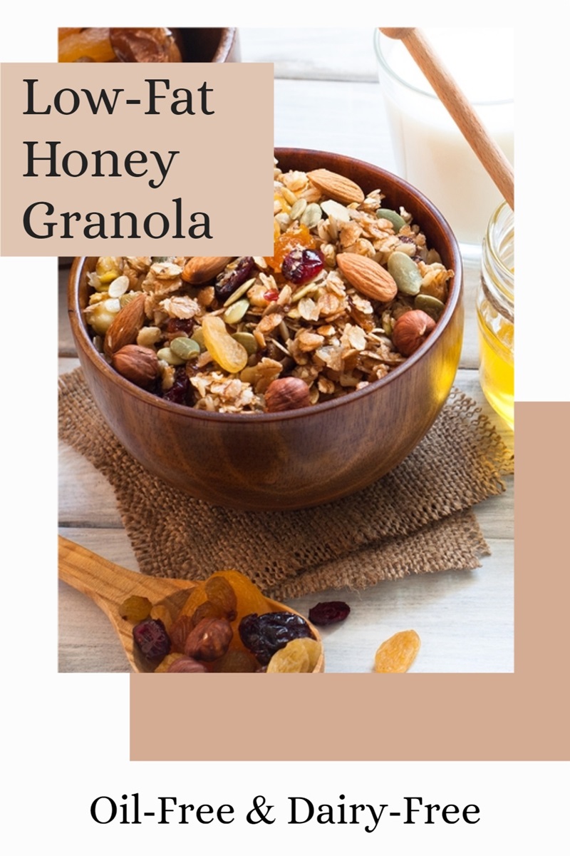Low-Fat Honey Granola Recipe that's also Oil-Free, Butter-Free, Dairy-Free, and Egg-Free. Plant-based with vegan, gluten-free, and nut-free options.