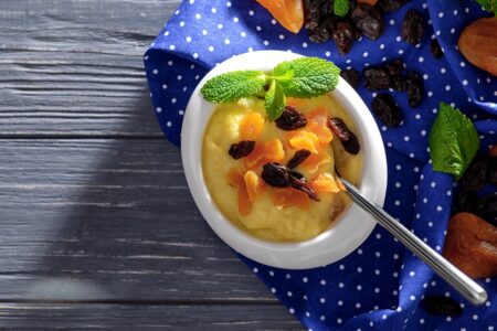 Hot Polenta Cereal Recipe with Dried Fruit and Sweet Orange Sauce - Dairy-Free, Gluten-Free, Soy-Free, and Plant-Based