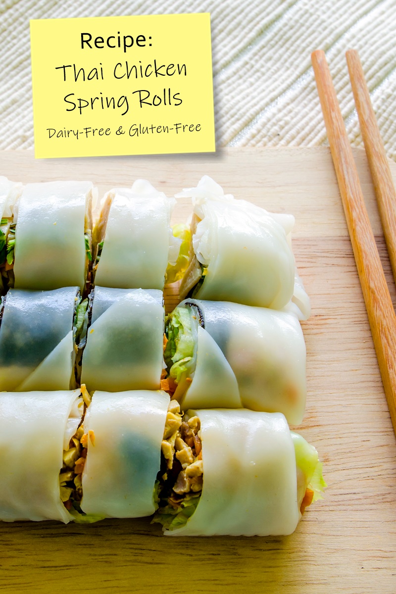 Dairy-Free Chicken Spring Rolls with Thai Peanut Sauce - optionally gluten-free and soy-free. Fresh and light like summer rolls, but with a cooked filling. Not fried!
