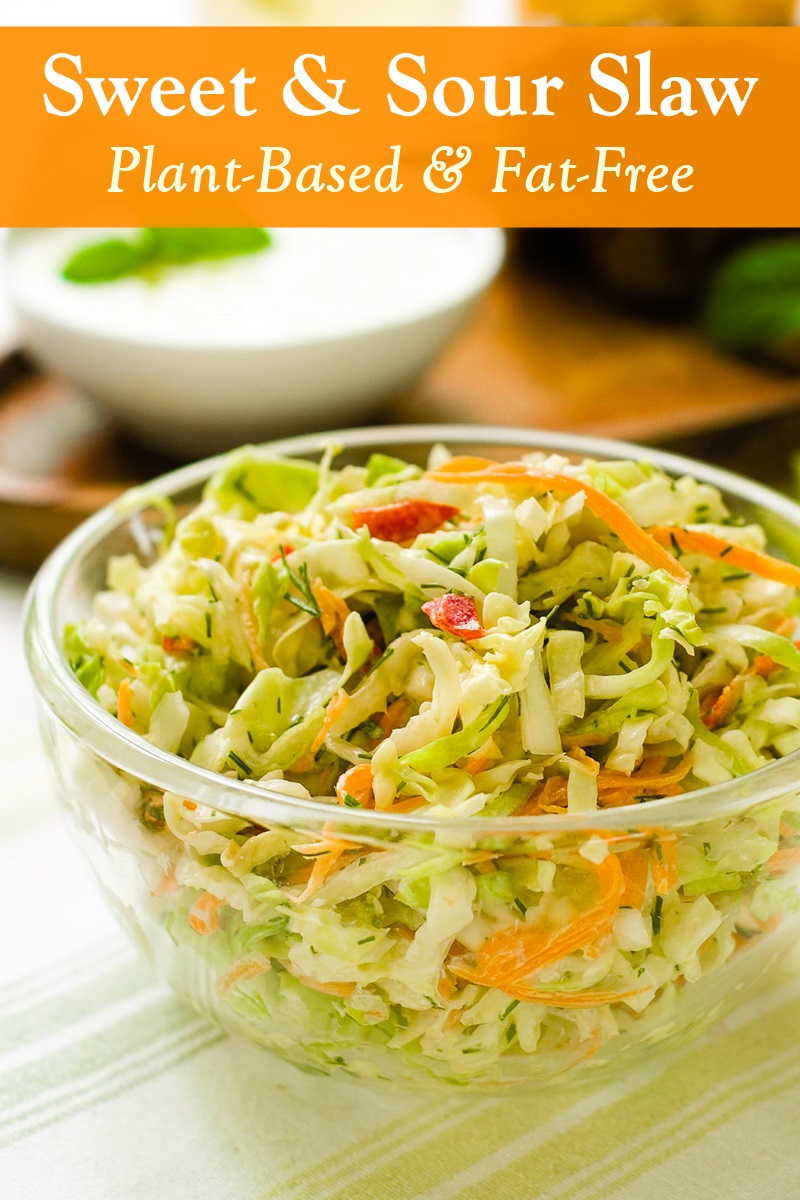 Sweet and Sour Coleslaw Recipe - Plant-Based, Mayo-Free, Oil-Free, and Fat-Free