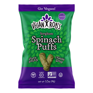 Vegan Rob's Puffs Reviews and Info - Dairy-Free Cheese Puffs, Superfood Puffs, and Vegetable Puffs with Healthy Benefits. Baked, not fried. Gluten-free, Soy-free. Pictured: Spinach Puffs