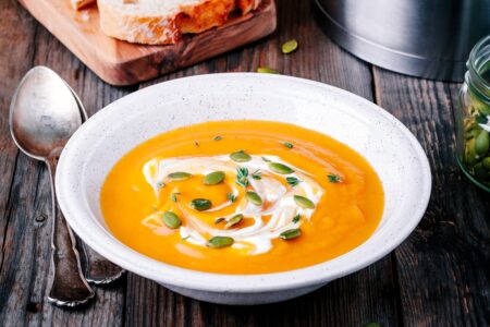 Creamy Roasted Butternut Squash Soup Recipe - dairy-free, vegan, and even paleo - a savory soup with natural underlying sweetness from the roasted vegetables