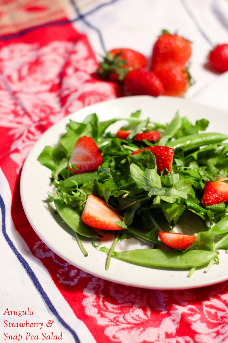Arugula, Strawberry, and Sugar Snap Pea Salad Recipe - naturally paleo, vegan, gluten-free, dairy-free, nut-free, and allergy-friendly. Great for spring, summer, or Christmas
