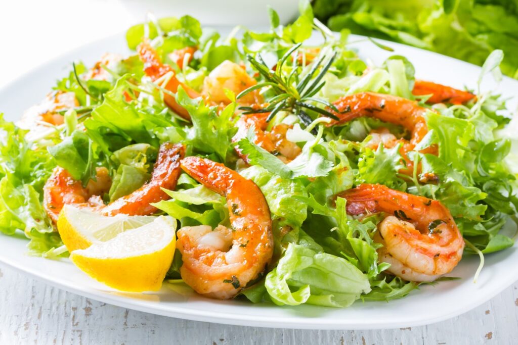 Healthy Marinated Shrimp Salad Recipe over Fresh Greens - easy for anyday lunch, elegant enough for dinner. Dairy-free, gluten-free, grain-free, nut-free, soy-free, paleo