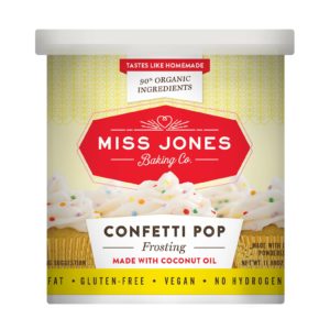 Miss Jones Frosting Reviews and Info - organic, vegan, dairy-free, nut-free, soy-free, gluten-free - in Vanilla, Chocolate Cream Cheese, Confetti, and Salted Caramel Flavors.