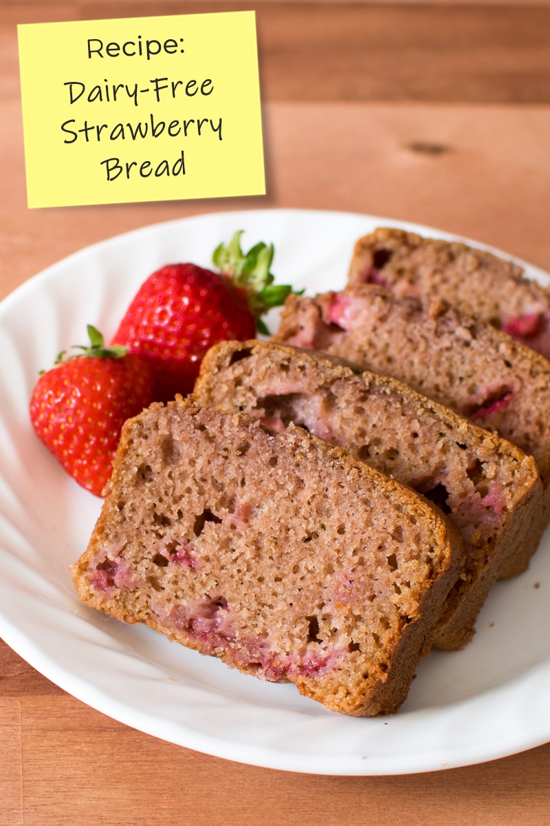 Dairy-Free Strawberry Bread Recipe - with a double infusion of fresh fruit - strawberry puree in the batter and diced strawberries stirred in! Also nut-free and soy-free.