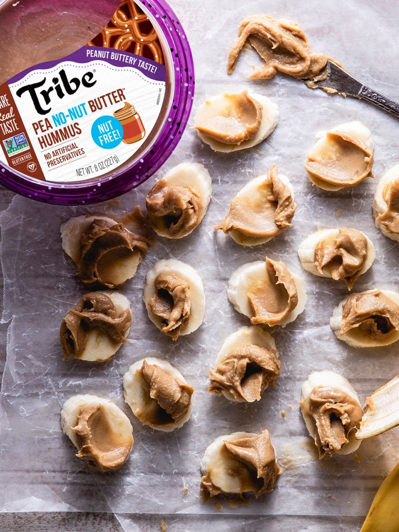 Tribe Dessert Hummus Reviews and Info - dairy-free, plant-based, gluten-free, nut-free, and soy-free! Four flavors. Pictured: Pea No-Nut Butter