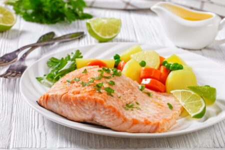 Healthy Poached Salmon Recipe with optional Apricot Sauce - created by a nutritionist private chef to the stars! Dairy-free, gluten-free, allergy-friendly, and zesty.