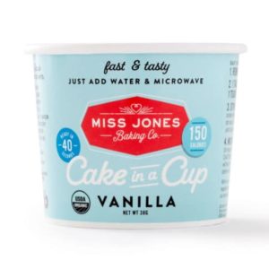 Dairy-Free Miss Jones Dessert Cups Reviews and Info - just add water and microwave instructions. Pictured: Vanilla Cake in a Cup
