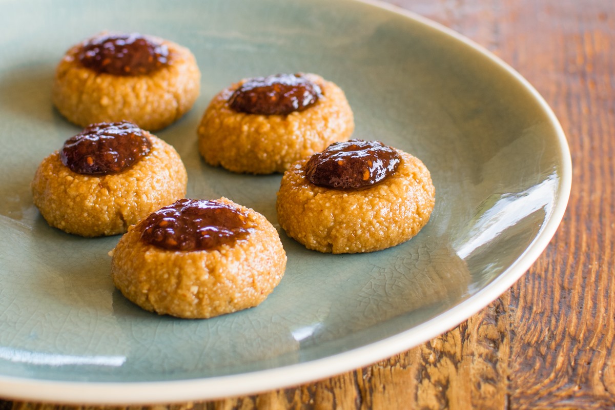 Peanut Butter & Jelly No Bake Thumbprint Cookies Recipe - Dairy-free, Soy-free, and Egg-free Bites with gluten-free, nut-free, and vegan options. Small batch recipe with larger batch options.