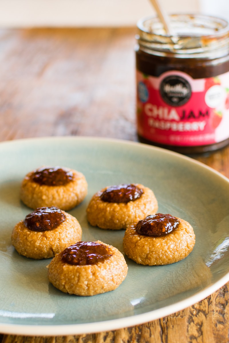 Peanut Butter & Jelly No Bake Thumbprint Cookies Recipe - Dairy-free, Soy-free, and Egg-free Bites with gluten-free, nut-free, and vegan options. Small batch recipe with larger batch options.