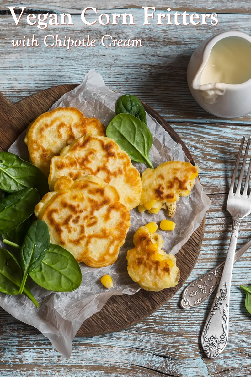 Grilled Vegan Corn Fritters Recipe with Dairy-Fee Chipotle Cream. Created by the Spork Sisters! Great appetizer or small plate, flavorful, and options for soy-fee, nut-free, and gluten-free