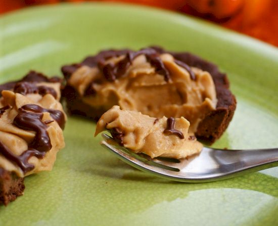 Pumpkin Mousse Tarts with Chocolate Shortbread Crust and Ganache Drizzle: each decadent bite is naturally vegan, dairy-free, gluten-free, nut-free, soy-free, and even low in sugar!