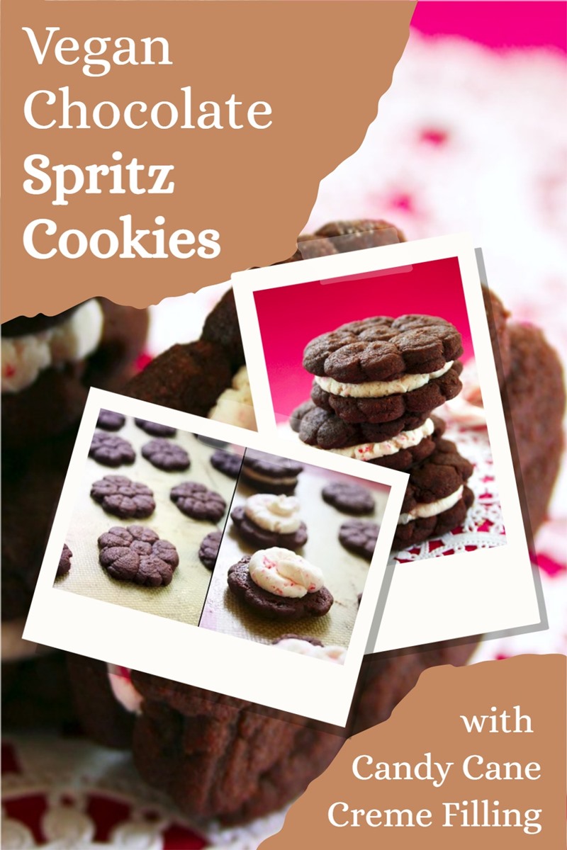 Vegan Chocolate Spritz Cookies with Candy Cane Creme Filling (also known as Vegan Chocolate Peppermint Creme Sandwich Cookies) - also nut-free and soy-free