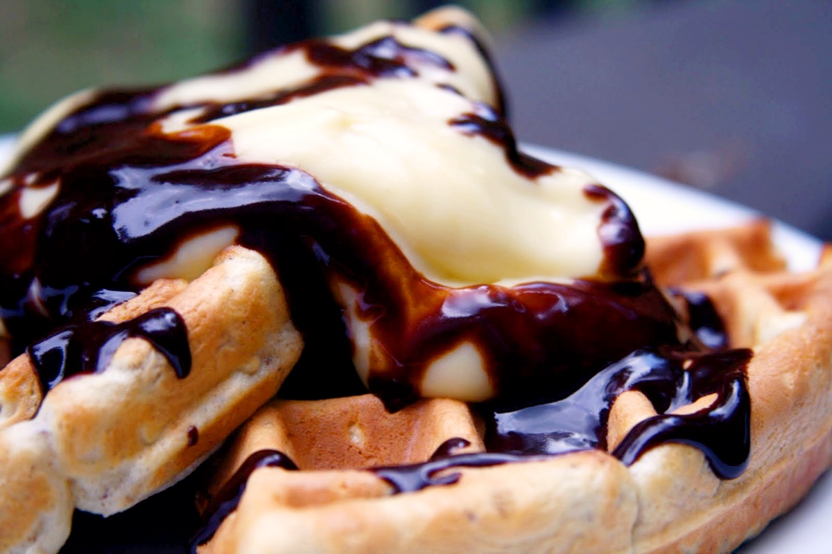Boston Cream Pie Waffles Recipe with Dairy-Free Vanilla Pastry Cream and Chocolate Sauce