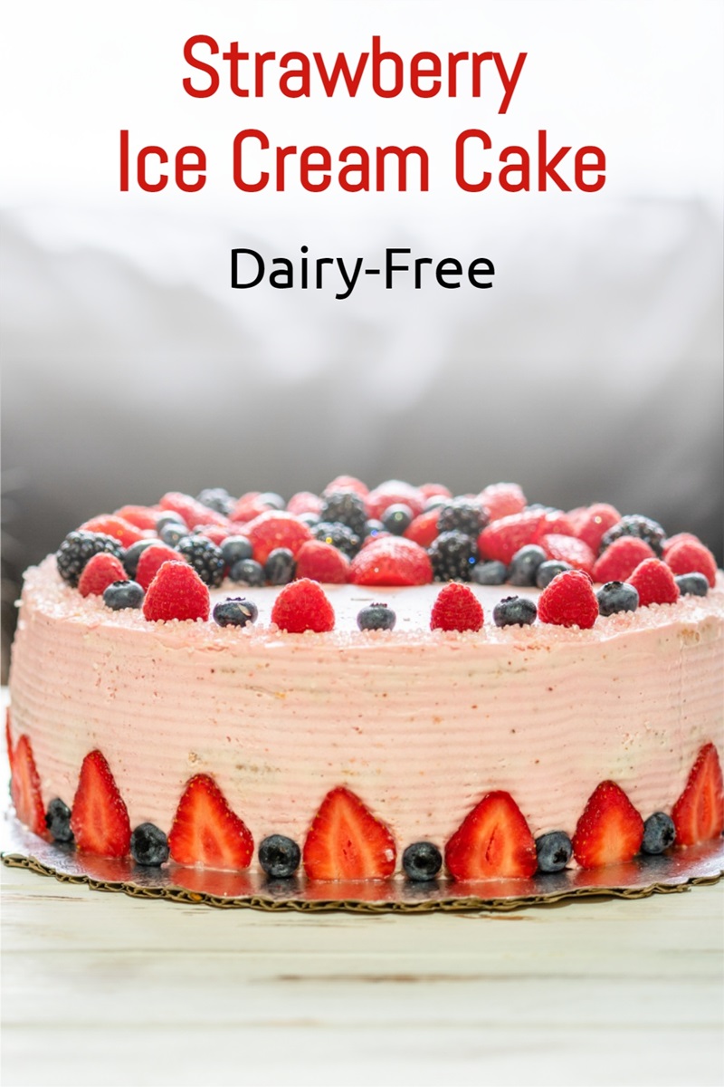 Dairy-Free Strawberry Ice Cream Cake Recipe - optionally vegan, gluten-free, nut-free, and soy-free. With easy, homemade, dairy-free strawberry ice cream.