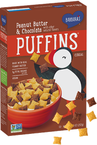 Puffins Cereal by Barbara's Bakery - Reviews and Information. Comes in 8 varieties, all dairy-free and plant-based! Pictured: Peanut Butter Chocolate