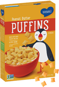 Puffins Cereal by Barbara's Bakery - Reviews and Information. Comes in 8 varieties, all dairy-free and plant-based! Pictured: Peanut Butter