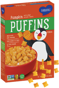 Puffins Cereal by Barbara's Bakery - Reviews and Information. Comes in 8 varieties, all dairy-free and plant-based! Pictured: Pumpkini