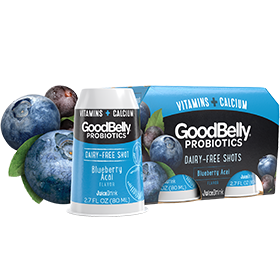 GoodBelly Shots are Dairy-Free Probiotic Supplement Drinks made with Oats and Fruit Juice. Pictured: Blueberry Acai PlusShot