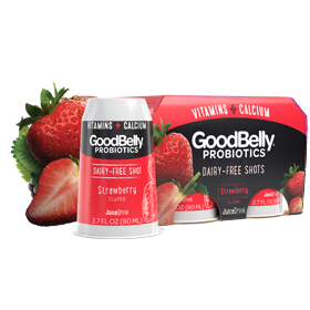 GoodBelly Shots are Dairy-Free Probiotic Supplement Drinks made with Oats and Fruit Juice. Pictured: Strawberry PlusShot
