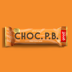 Good! Protein Bars Reviews and Info - Dairy-Free, Gluten-Free, Plant-Based Snack Bars that are high protein, high fiber, and relatively low sugar. Pictured: Choc PB