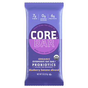 Core Bar Reviews and Info - Fresh Meal Bars, Organic, Vegan, Gluten-Free, Dairy-Free and Natural. With Prebiotics and Probiotics. Pictured: Blueberry Banana Almond