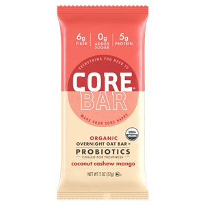 Core Bar Reviews and Info - Fresh Meal Bars, Organic, Vegan, Gluten-Free, Dairy-Free and Natural. With Prebiotics and Probiotics. Pictured: Coconut Cashew Mango