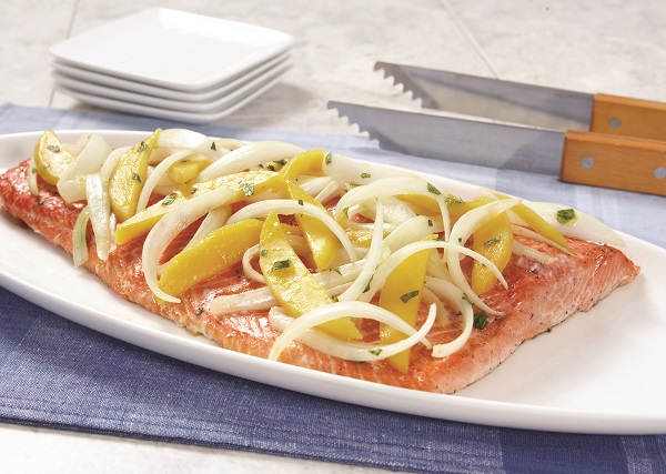 Grilled Wild Salmon with Citrus-Kissed Mangos and Vidalia Onions