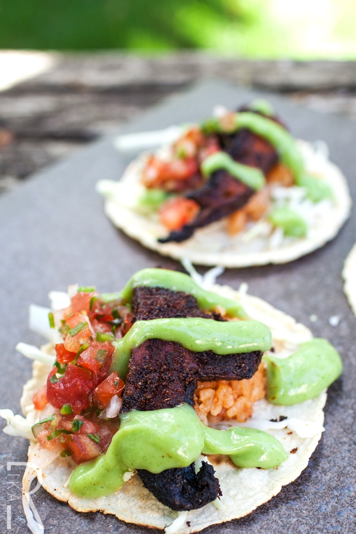 Spicy Portobello Vegan Tacos with Jalapeno Cilantro Crema and Gluten-Free Mexican Rice (dairy-free recipe)
