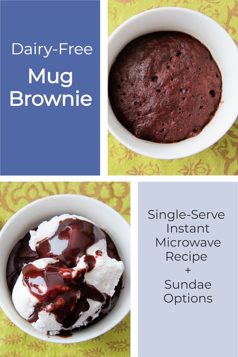 Dairy-free one-cup brownie recipe with sundae options - naturally vegan, egg-free, nut-free, and soy-free, with gluten-free options.