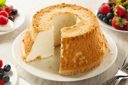 Easy Angel Food Cake Recipe with Dairy-Free Custard, Blueberry Sauce or Vanilla Glaze. Naturally dairy-free, nut-free, and soy-free - classic dessert recipe.