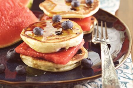 Fabulous Fruit and Pancake Sandwiches - watermelon sandwiched between two maple syrup-slathered pancakes (dairy-free recipe with options for gluten-free and vegan)
