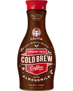Califia Farms Cold Brew Coffee with Almondmilk Reviews and Info - in several Dairy-Free, Vegan, Soy-Free Flavors. Pictured: Peppermint Mocha