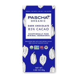 Pascha Chocolate Bars Reviews and Info - all vegan, gluten-free, dairy-free, nut-free, soy-free (top allergen-free!), with sugar-free options. Pictured: 85% cacao dairy chocolate