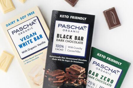 Pascha Chocolate Bars Reviews and Info - all vegan, gluten-free, dairy-free, nut-free, soy-free (top allergen-free!), with sugar-free options. Pictured: vegan white chocolate, black, and sugar-free