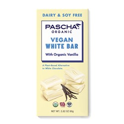 Pascha Chocolate Bars Reviews and Info - all vegan, gluten-free, dairy-free, nut-free, soy-free (top allergen-free!), with sugar-free options. Pictured: Vegan White Chocolate