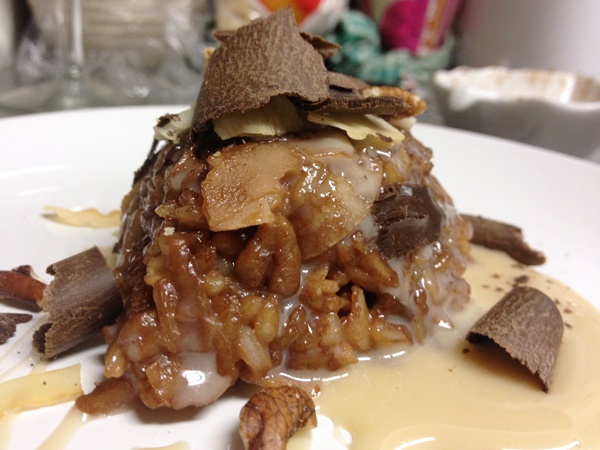 Chocolate Coconut and Pecan Rice Pudding with Caramel Sauce