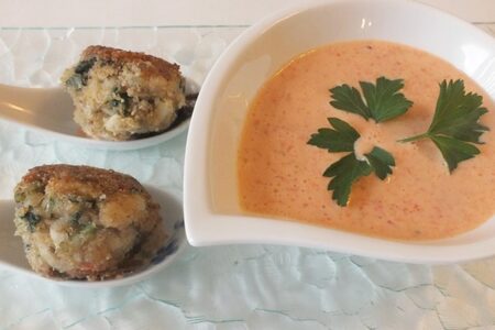 Salmon & Potato Croquettes with Creamy Romesco Dip