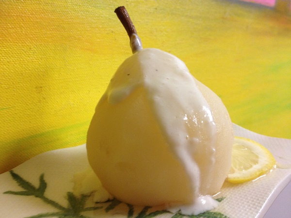 Poached Pears with Green Tea Cream Sauce