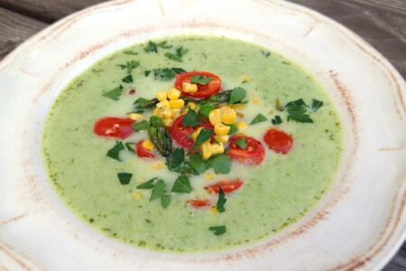 Cream of the Crop Asparagus Soup with Garlic-Roasted Spring Vegetables