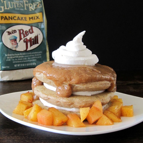 Cinnamon Peaches and Creme Pancakes (pictured), Almond Butter and Strawberry Coulis Pancakes, and Chunky Monkey Pancakes (all dairy-free & gluten-free)