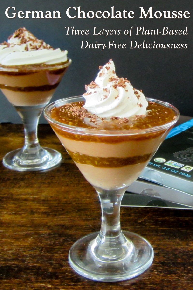 Dairy-Free German Chocolate Mousse Recipe with Three Creamy Dairy-Free Layers: Decadent but Easy 4-Ingredient Chocolate Mousse, Vegan Coconut Caramel, and Vanilla Whip. Also plant-based, gluten-free, and top food allergy-friendly.