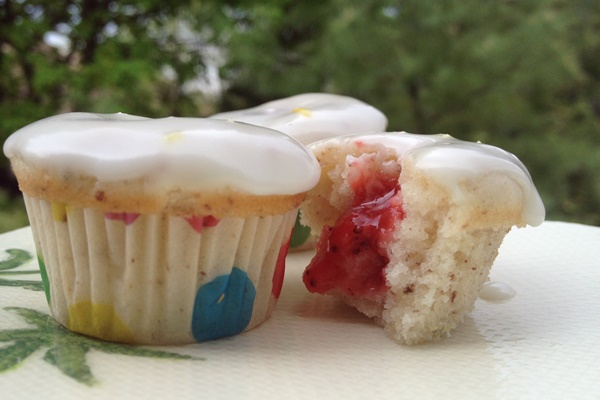 Vegan Vanilla Cupcakes with Strawberry Filling and Lemon Glaze (dairy-free, egg-free)