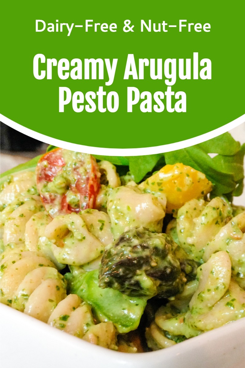 Creamy Arugula Pesto Pasta Recipe - dairy-free, nut-free, plant-based, and vegan-friendly. Gluten-free option.