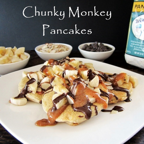 Chunky Monkey Pancakes - Gluten-Free Pancakes with Nutty Almond Drizzle, Easy Dairy-Free Chocolate Sauce, Bananas, and Sliced Almonds