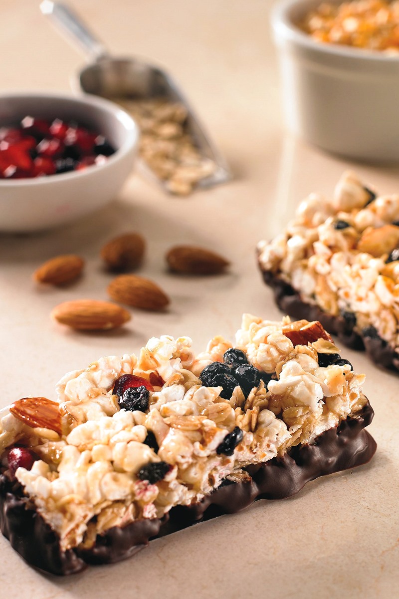 Popcorn Snack Bars Recipe with Optional Chocolate Dip - Dairy-Free, Gluten-Free, Soy-Free, and Nut-Free option.