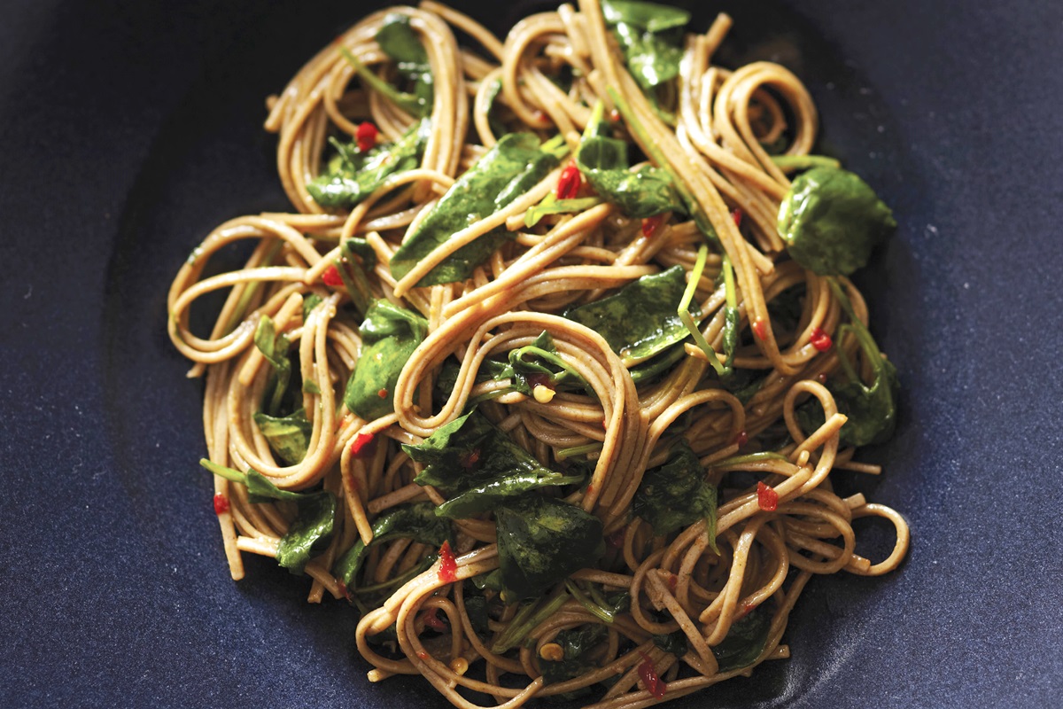 Vegan Gluten-Free Spicy Soba Noodles Recipe with Wilted Watercress