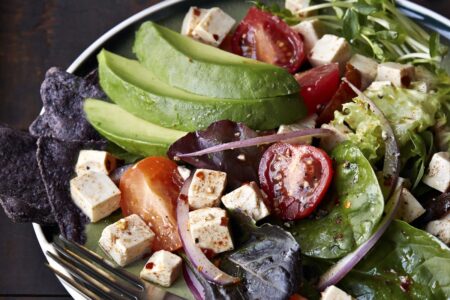 Mexican Tofu Tortilla Salad with Avocado (dairy-free, gluten-free, and vegan)