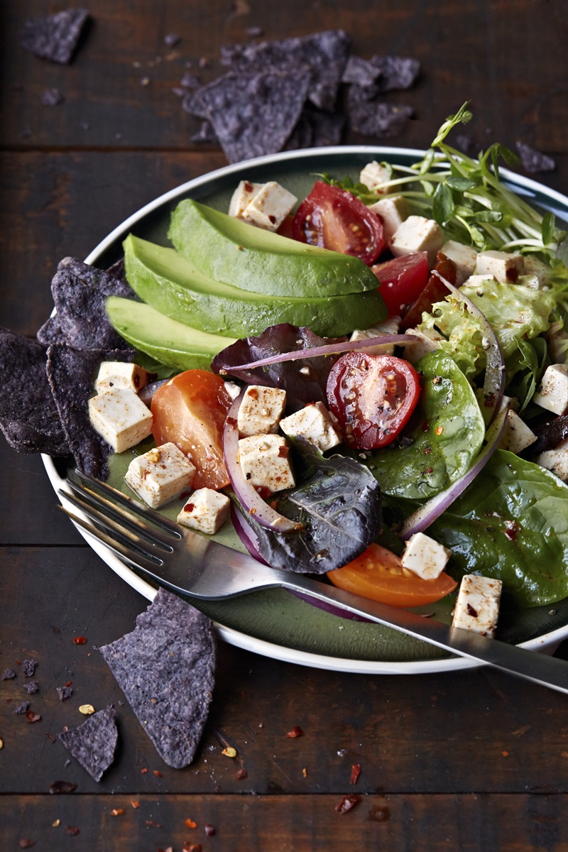 Mexican Tofu Tortilla Salad with Avocado (dairy-free, gluten-free, and vegan)